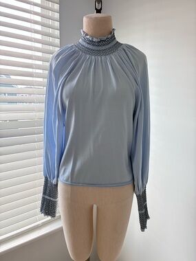 Zara Women’s Blue High Neck Smocked Balloon Sleeve Blouse